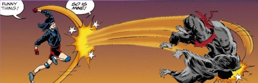 Cassie Sandmark saying "Funny thing! So is mine!" while punching gorilla villain